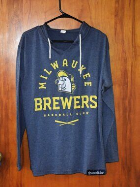 Medium, Hooded Blue Milwaukee Brewer's Long Sleeve T Shirt